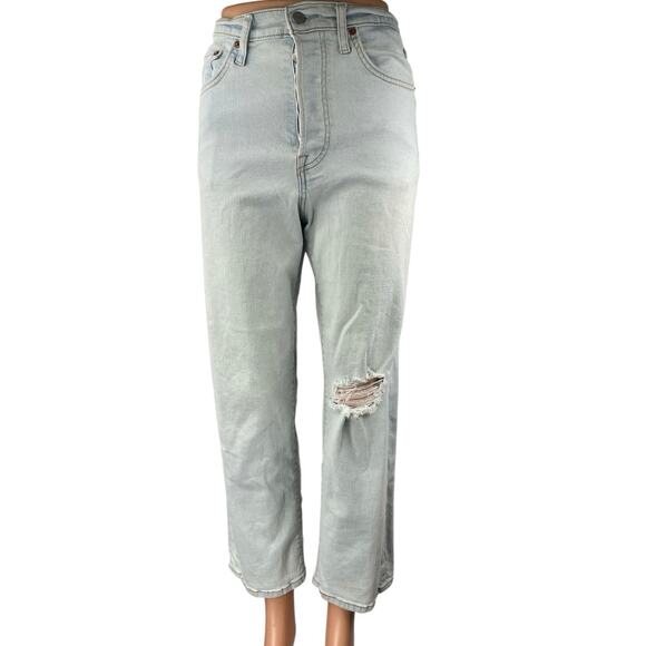Levi's Ribcage Women's Blue High Rise Distressed Straight Denim Jeans Pants 28 - Picture 1 of 5